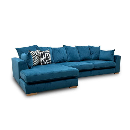'Plush' Teal Sensual Velvet Pillow Back Left Hand Facing Large Open End Chaise Sofa