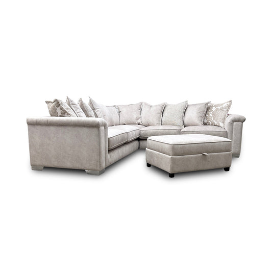 'Dolcie' Cream Combination Dolcie Combination Velvet Pillow Back 3 Corner 3 Sofa + Large Storage Footstool