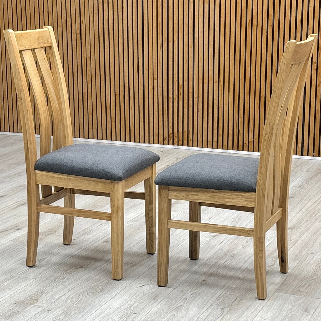 Furnitureland 'Augusta' Anthracite Grey Fabric Pair of Wooden Slatted Back Dining Chairs Furniture Village