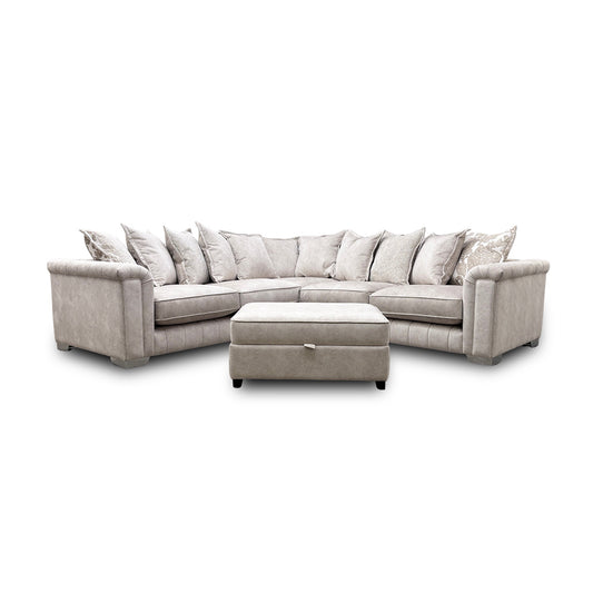 'Dolcie' Cream Combination Dolcie Combination Velvet Pillow Back 3 Corner 3 Sofa + Large Storage Footstool
