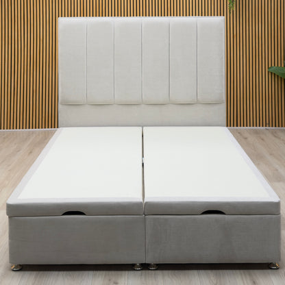 Artisan Collection ‘Heyman’ Aston Linen Grey Fabric High Floor Standing Headboard + Double End Lift Ottoman Base - King