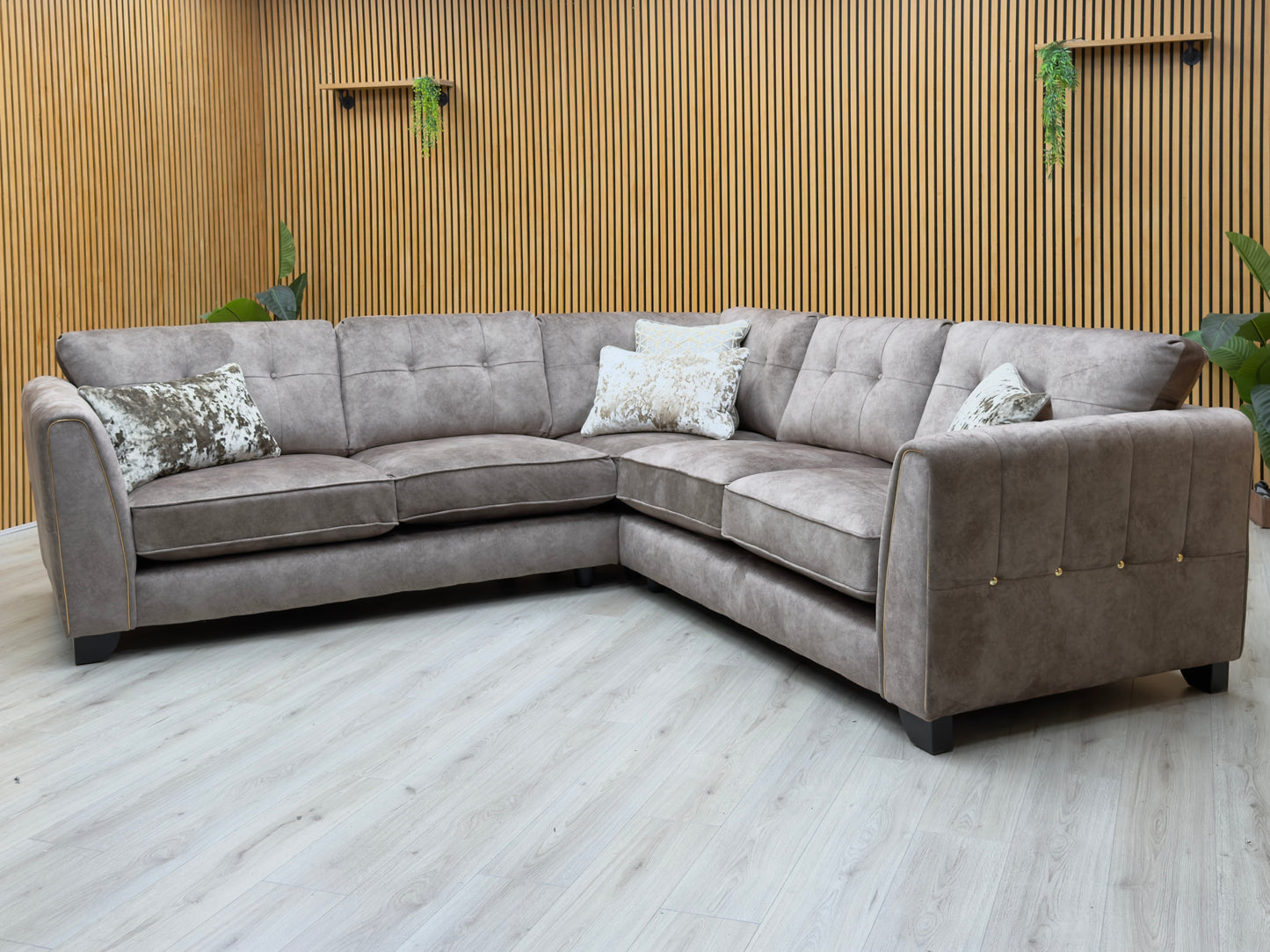 'Mariah' Dapple Chocolate-Tri Brass Velvet Fabric Large Classic Back Corner Sofa