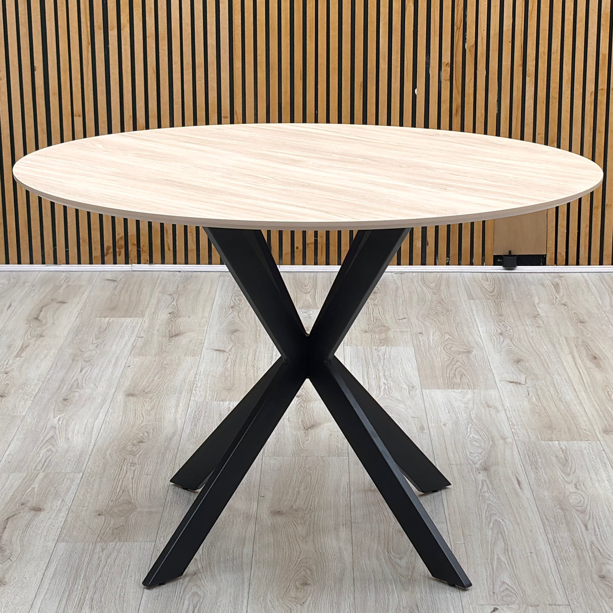 ‘Sadia’ Oak Veneer 110cm Round Dining Table with Grey Combination Dual Material Dining Chairs - Set of 4