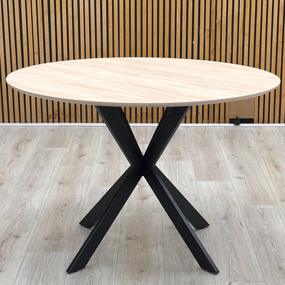 ‘Sadia’ Oak Veneer 110cm Round Dining Table with Grey Combination Dual Material Dining Chairs - Set of 4