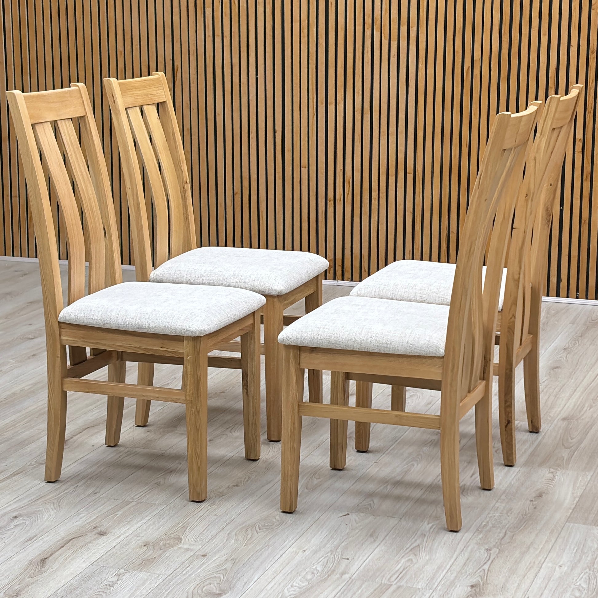 Furnitureland ‘Augusta’ Clay Light Grey Fabric Set of 4 Wooden Slatted Back Dining Chairs Furniture Village