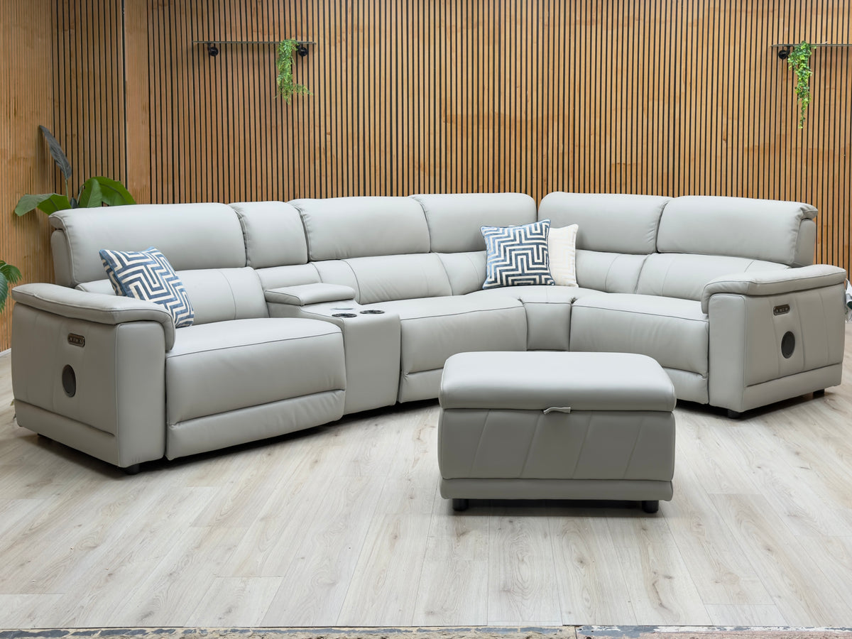 'Genius' Oslo Light Grey Leather Power Recliner Small Corner Sofa with Power Headrests, Bluetooth Speakers, Media Console and Large Storage Footstool