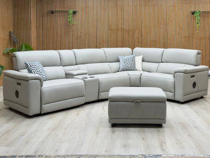 'Genius' Oslo Light Grey Leather Power Recliner Small Corner Sofa with Power Headrests, Bluetooth Speakers, Media Console and Large Storage Footstool