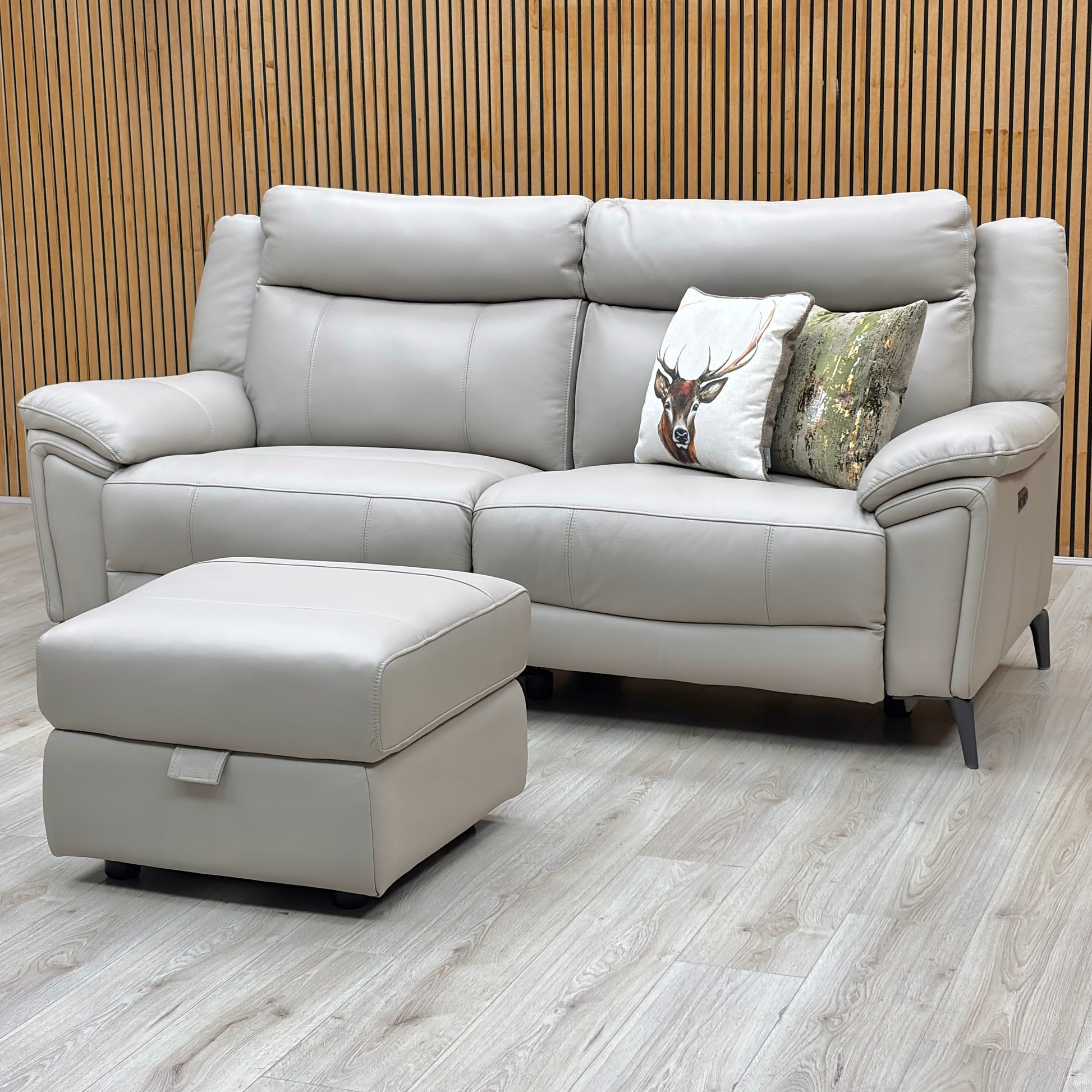 ‘Panache’ Lead Grey Cat-60_23 Leather 3 Seater Power Recliner Sofa + Storage Footstool Furniture Village