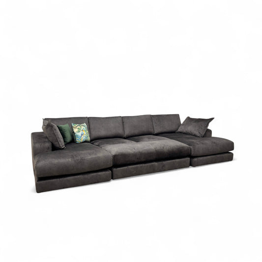 'Rest' Black Rest Velvet Large Double Chaise Sofa + Large Bench Footstool