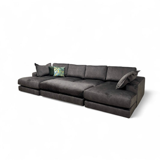 'Rest' Black Rest Velvet Large Double Chaise Sofa + Large Bench Footstool