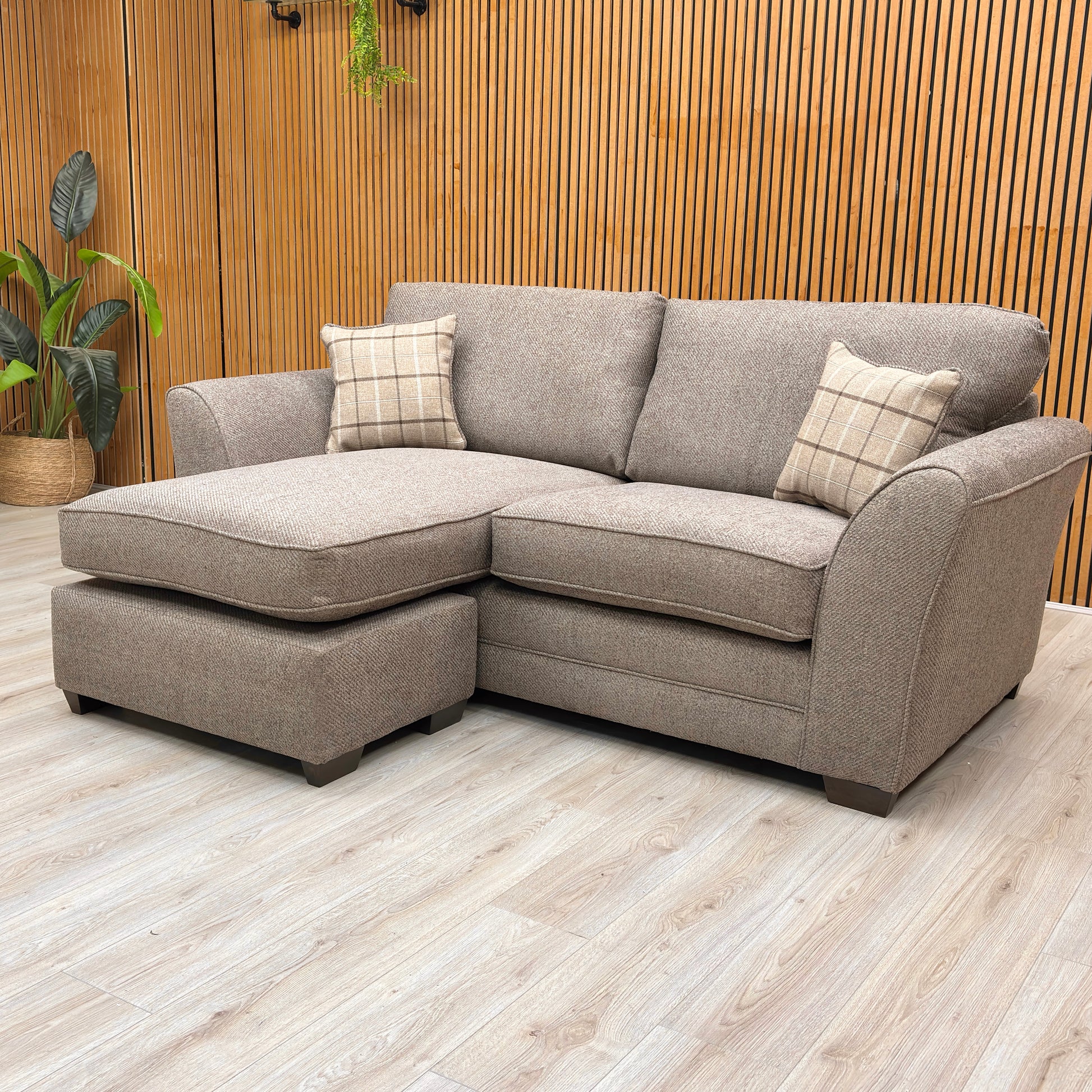 Lifestyle shot of the ‘Amelia’ Sultan Brown Woven Fabric Reversible Chaise Sofa.