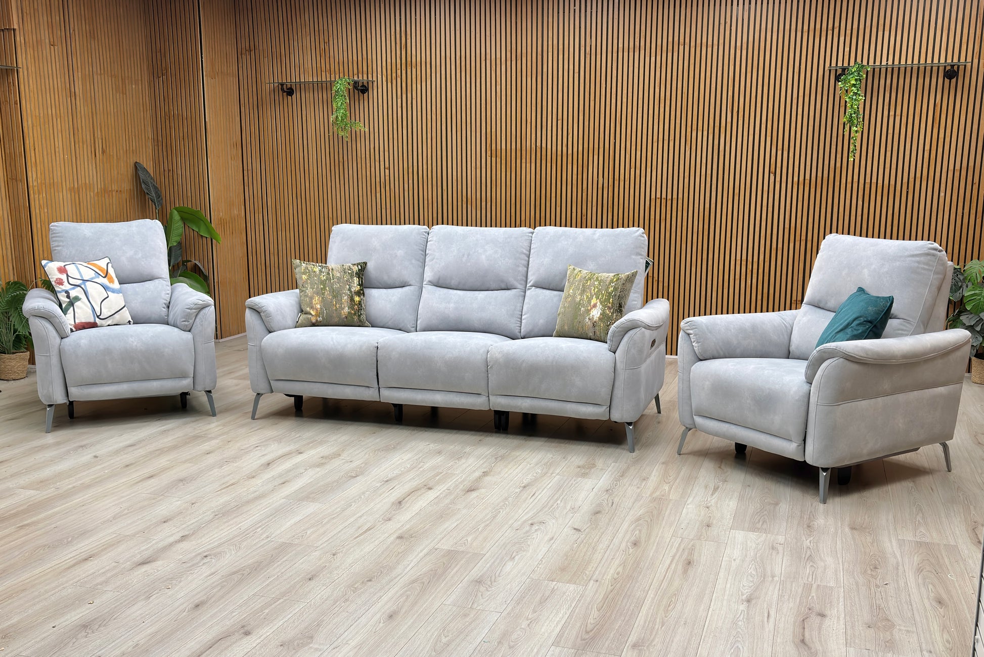 ‘Daytona’ Dexter Smoke Grey Velvet Fabric 3 Seater Power Recliner Sofa + Power Chair + Power Chair Furniture Village