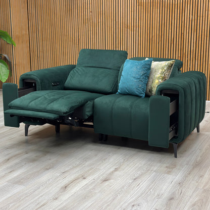 'Elphaba' Opulence Bottle Green Velvet Fabric Set - 2 Seater Power Recliner Sofa with Storage Arms + Power Chair & Storage Footstool