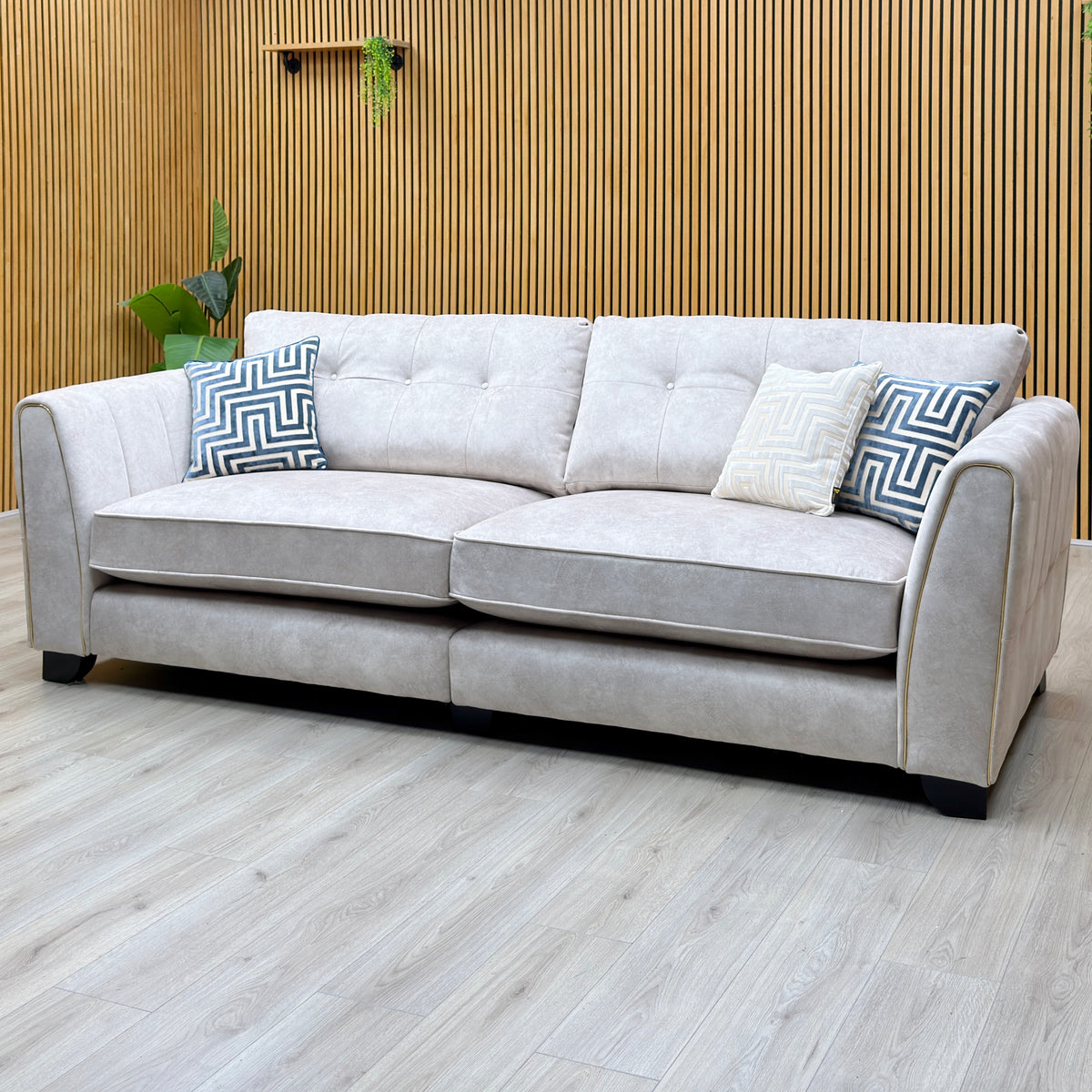 'Mariah' Dapple Ivory-Tri Brass Insert Velvet Fabric 4 Seater Classic Back Split Frame Sofa