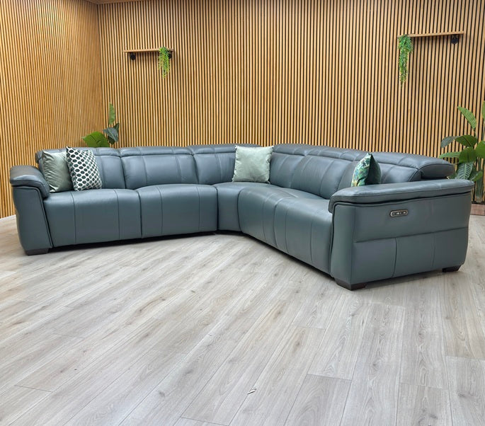 ‘Inca’ Cat-40_09 Peacock Green Leather Large Power Recliner Corner Sofa with Power Headrests Furniture Village