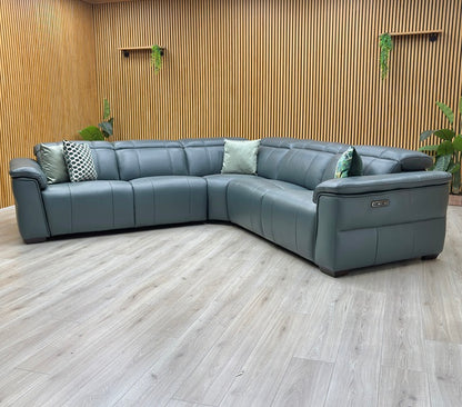 ‘Inca’ Cat-40_09 Peacock Green Leather Large Power Recliner Corner Sofa with Power Headrests Furniture Village