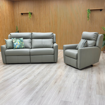 G Plan ‘Wren’ L858 Cambridge Olive Green Leather 2 Cushion 3 Seater Power Recliner Sofa with Power Headrests and Power Lumbar + Power Chair Furniture Village