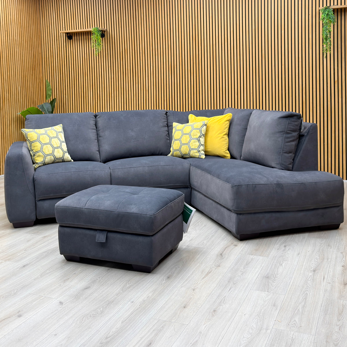 'Dinky’ Dexter Shadow Grey 43519 Velvet Fabric Right Hand Facing Power Recliner Corner Sofa + Large Storage Footstool