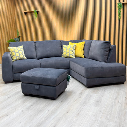 'Dinky’ Dexter Shadow Grey 43519 Velvet Fabric Right Hand Facing Power Recliner Corner Sofa + Large Storage Footstool
