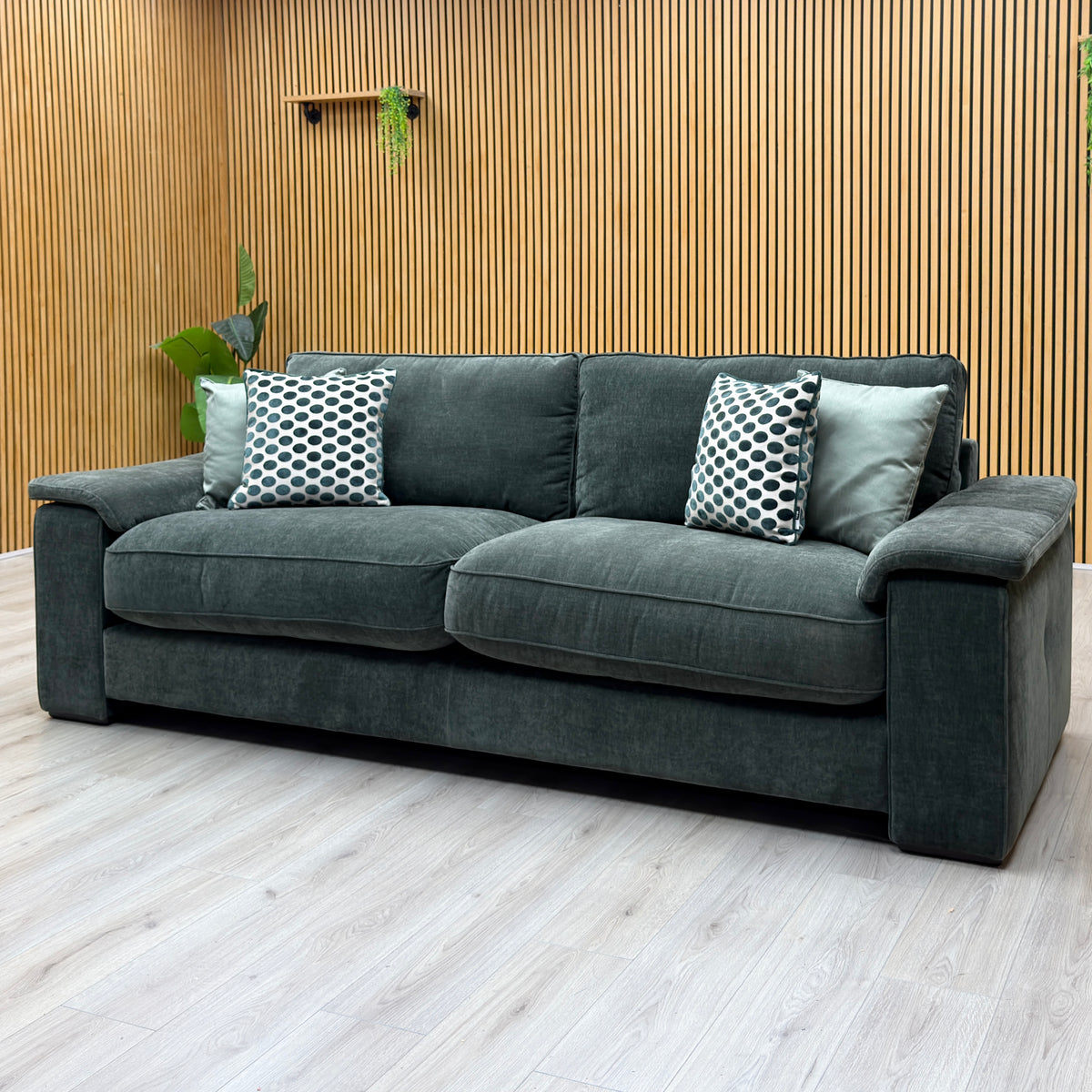 'Boxy' Ansel Moss Green Linen Fabric 250cm Maxi Arm Sofa