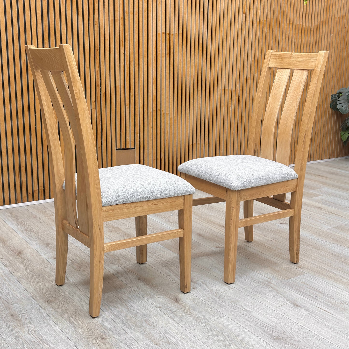 Furnitureland ‘Augusta’ Mist Upholstered High Back Wooden Slatted Back Dining Chairs - Set of 2