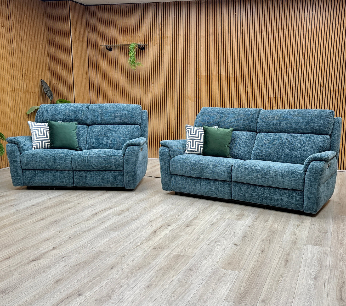 Nicoletti 'Vito' Baobab Blue Fabric 3 + 2 Seater Power Recliner Sofa Set with Power Headrests and Power Lumbar