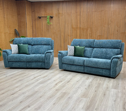 Nicoletti 'Vito' Baobab Blue Fabric 3 + 2 Seater Power Recliner Sofa Set with Power Headrests and Power Lumbar