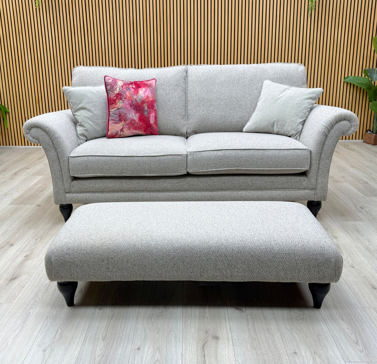 Parker Knoll 'Plaza' Fab Contour Smoke May Grey Fabric Large 2 Seater Classic Back Sofa + Banquette Footstool