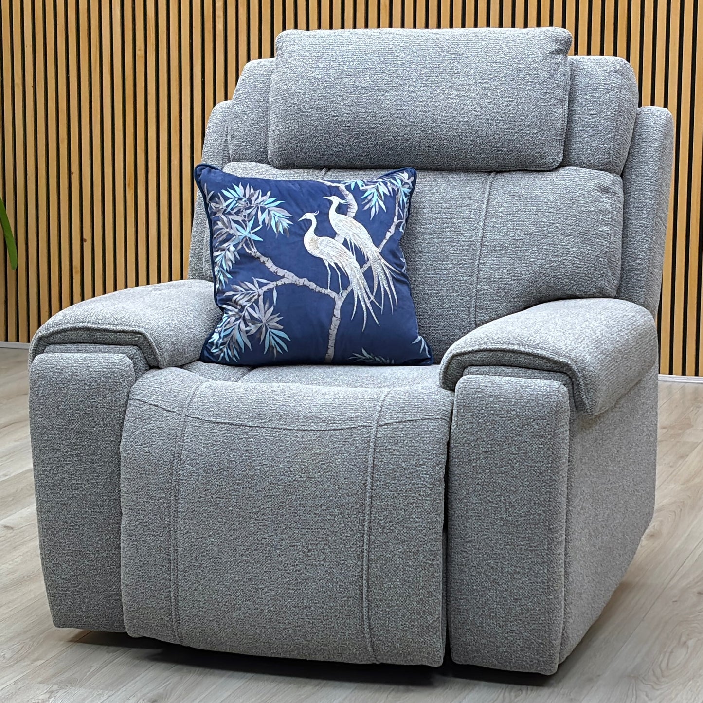 ‘Hollywood’ Fab-Mil-R451 Pewter Grey Fabric Power Recliner Chair with Power Headrest and Storage Arms