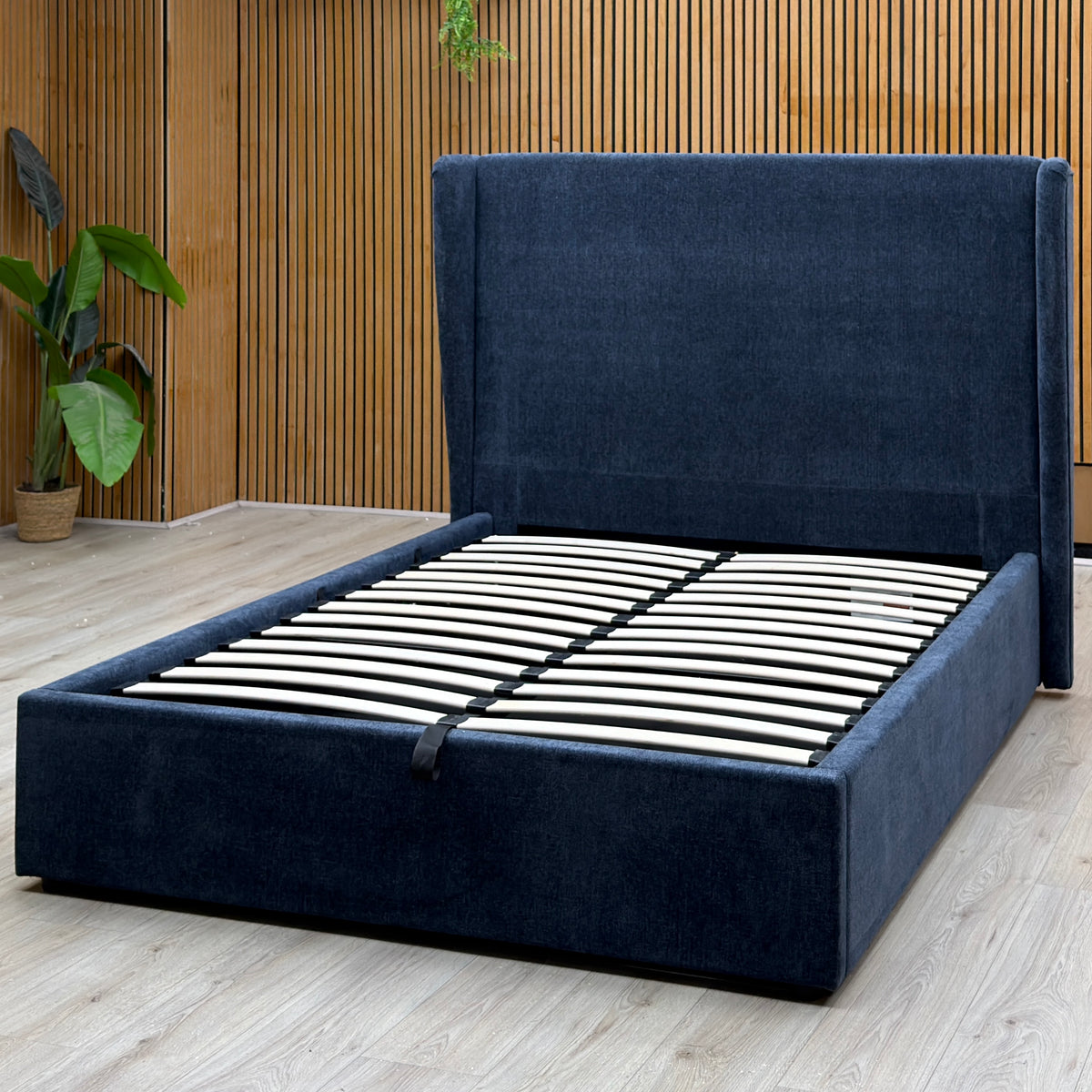 'Winston' Navy Blue Fabric Ottoman End Lift Bed - Double
