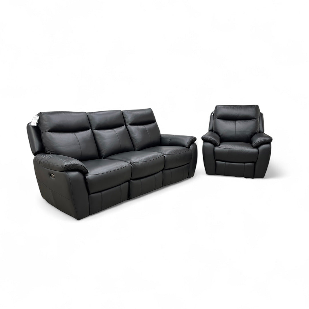 World of Leather 'Snug' Classic Black Bv-3500 3 Seater Leather Power Recliner Sofa + Power Recliner Armchair Set
