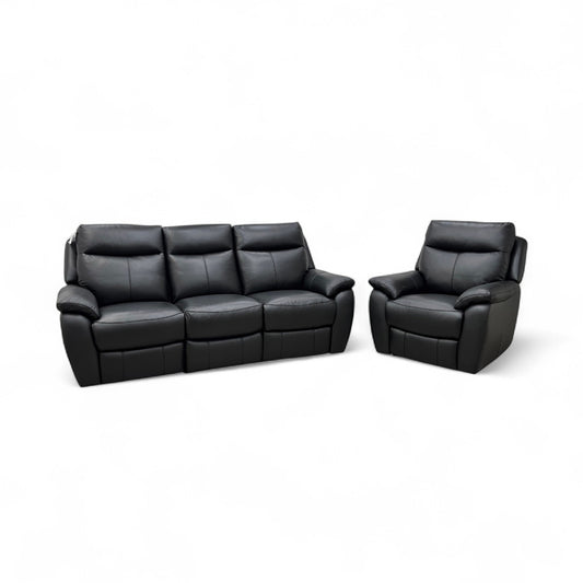 World of Leather 'Snug' Classic Black Bv-3500 3 Seater Leather Power Recliner Sofa + Power Recliner Armchair Set