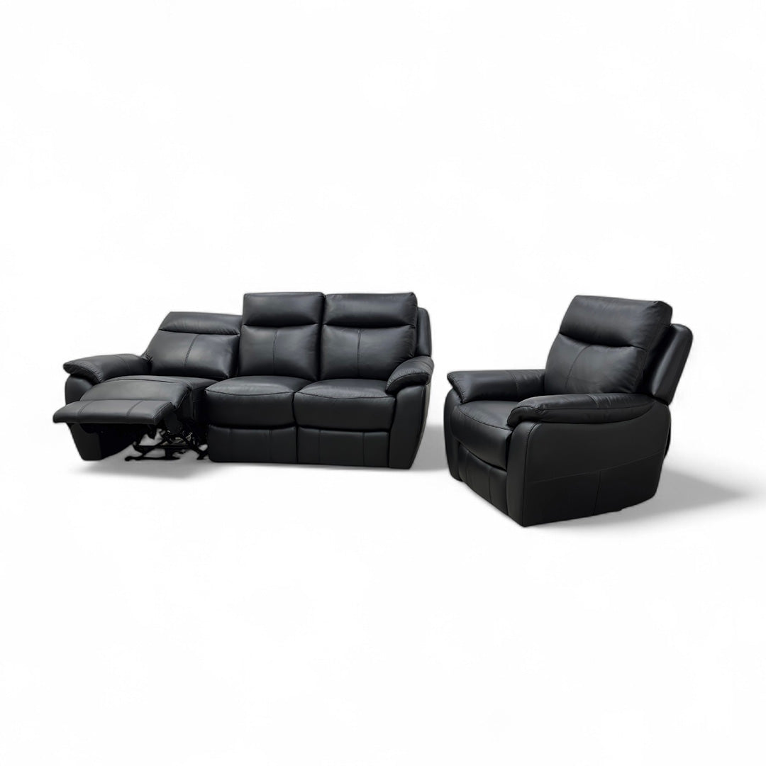 World of Leather 'Snug' Classic Black Bv-3500 3 Seater Leather Power Recliner Sofa + Power Recliner Armchair Set