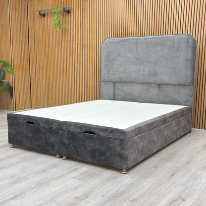 Lifestyle photo of the Domino velvet bed in a contemporary bedroom setting, highlighting the fabric's soft texture and sheen.