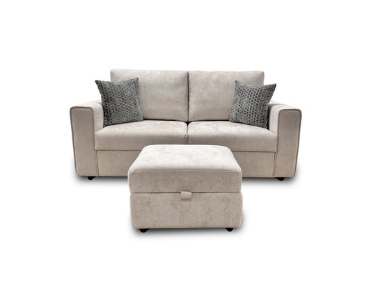‘Mia’ Taupe Tight Weave Fabric 3 Seater Sofa + Storage Footstool