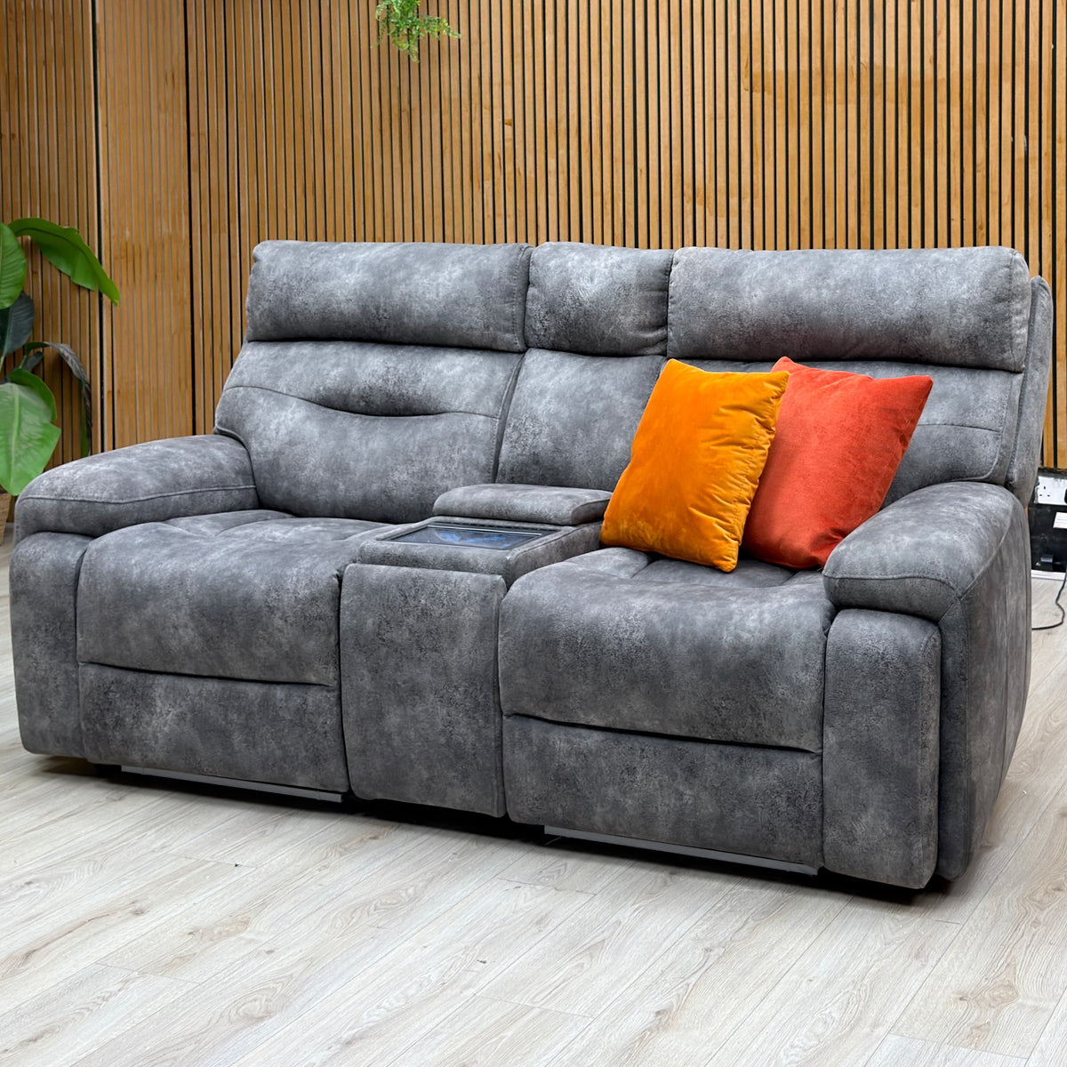 ‘Cinemax’ Marque Seal Grey Mq-0106 Fabric 2 Seater Media Console Power Recliner Sofa with Power Headrests