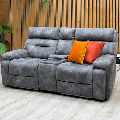 ‘Cinemax’ Marque Seal Grey Mq-0106 Fabric 2 Seater Media Console Power Recliner Sofa with Power Headrests