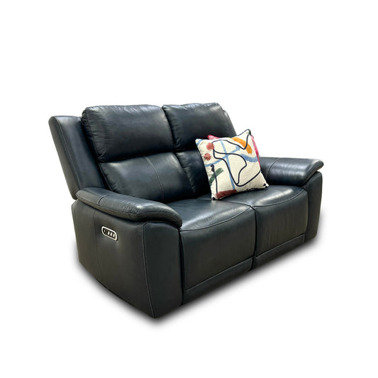 ‘Utah’ Natural Milled Navy 2 Seater Leather Power Recliner Sofa with Power Headrests and Power Lumbar