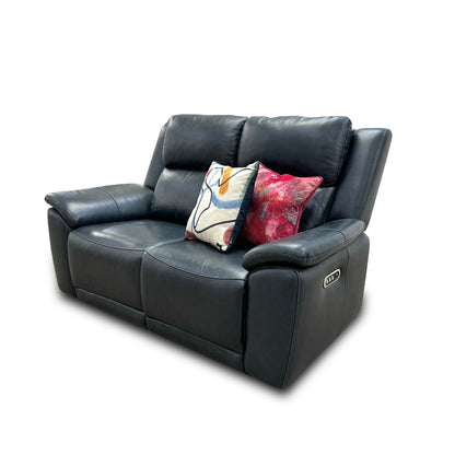 ‘Utah’ Natural Milled Navy 2 Seater Leather Power Recliner Sofa with Power Headrests and Power Lumbar