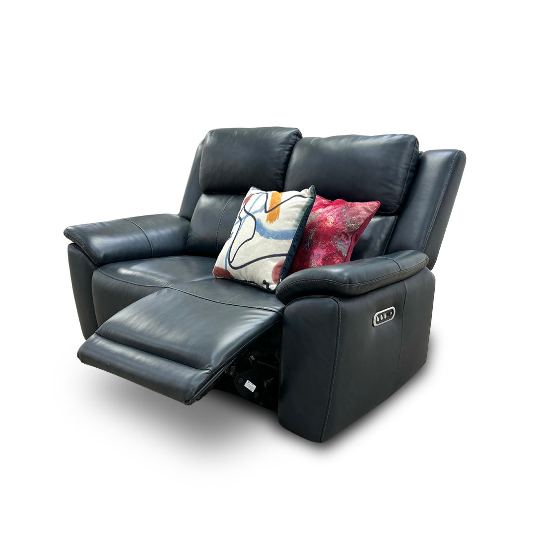 ‘Utah’ Natural Milled Navy 2 Seater Leather Power Recliner Sofa with Power Headrests and Power Lumbar