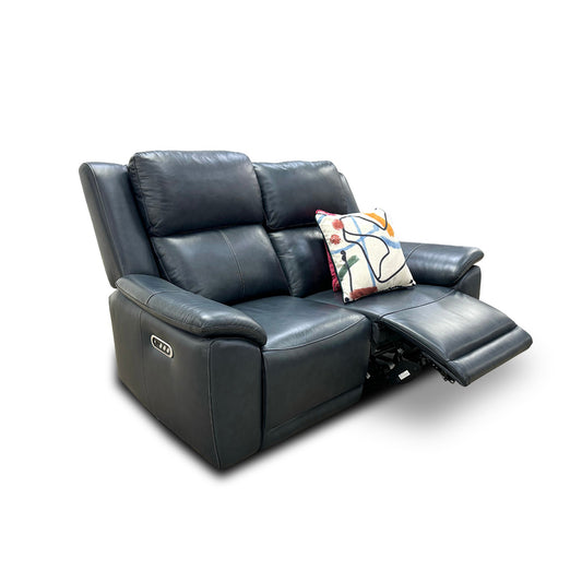 ‘Utah’ Natural Milled Navy 2 Seater Leather Power Recliner Sofa with Power Headrests and Power Lumbar