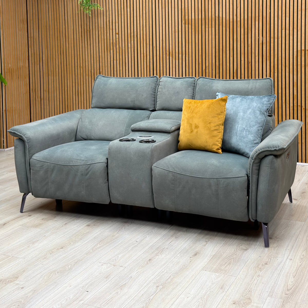 ‘Jude’ Dexter Fern Green Velvet Fabric 2 Seater Power Recliner Sofa with Smart Console and Power Headrests