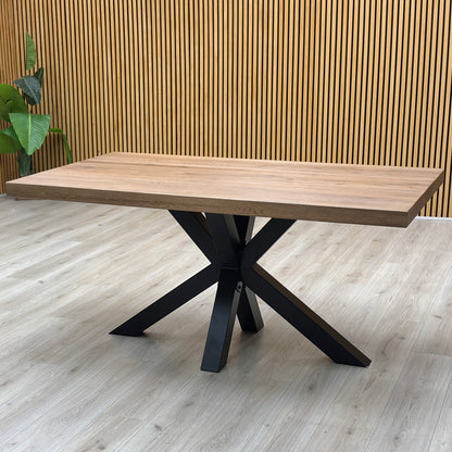 Bodahl 'Njord' 4 Desert Solid Oak Straight Top 160cm Metal Star Base Dining Table with Sand Beige Fabric Set of 4 Swivel Dining Chairs
