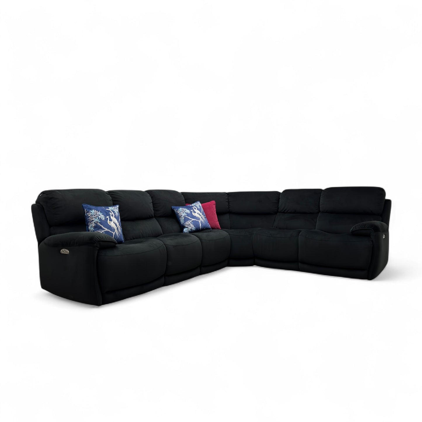 'Link' Black Velvet Large Power Recliner Corner Sofa with Power Headrests + Armless Unit with Power Recliner and Power Headrests