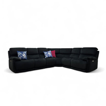 'Link' Black Velvet Large Power Recliner Corner Sofa with Power Headrests + Armless Unit with Power Recliner and Power Headrests