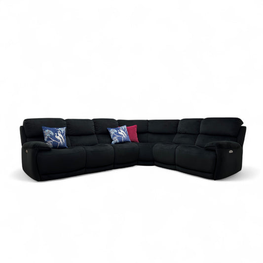 'Link' Black Velvet Large Power Recliner Corner Sofa with Power Headrests + Armless Unit with Power Recliner and Power Headrests