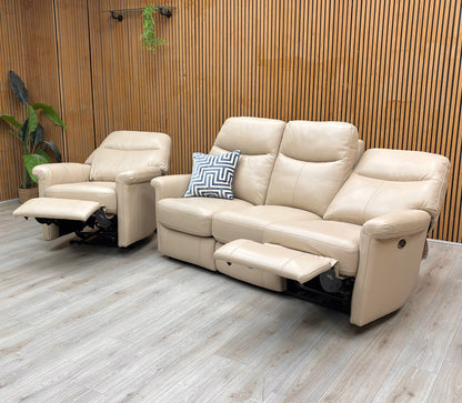 The matching Lille power recliner chair in Bisque leather, shown in its upright position with a high-back design.