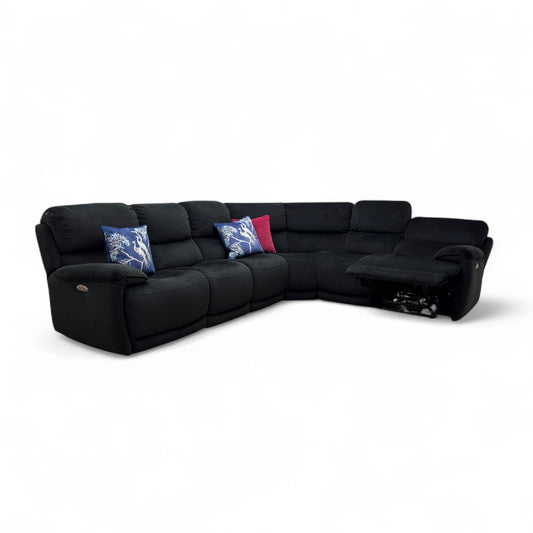 'Link' Black Velvet Large Power Recliner Corner Sofa with Power Headrests + Armless Unit with Power Recliner and Power Headrests