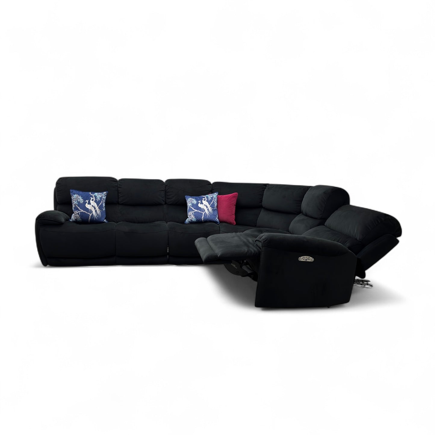 'Link' Black Velvet Large Power Recliner Corner Sofa with Power Headrests + Armless Unit with Power Recliner and Power Headrests