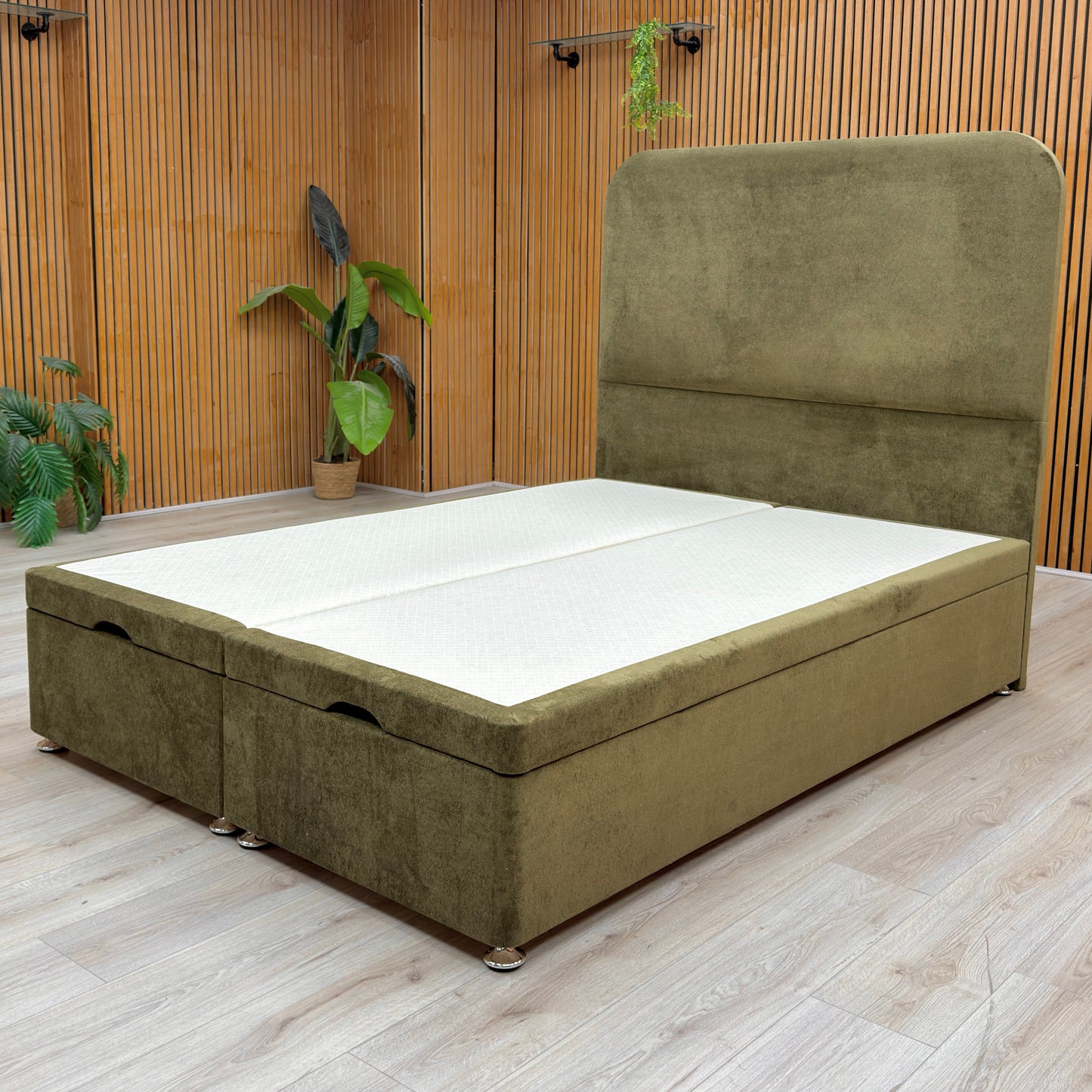 ‘Hamilton’ Milan Khaki Velvet Floor Standing Headboard + End Lift Ottoman Divan Base - Double